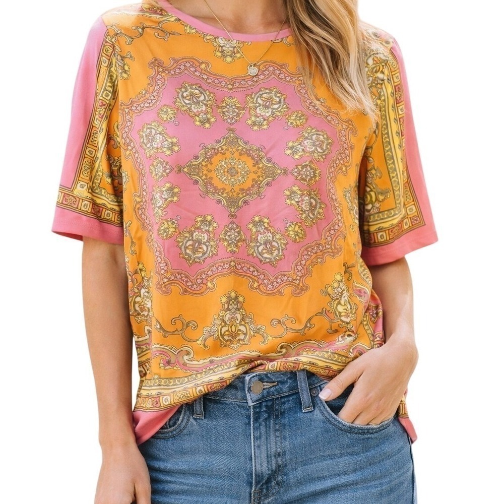 Vibrant Baroque Mandala Scarf Print Blouse Pink Orange Boho Chic Top Petite L
